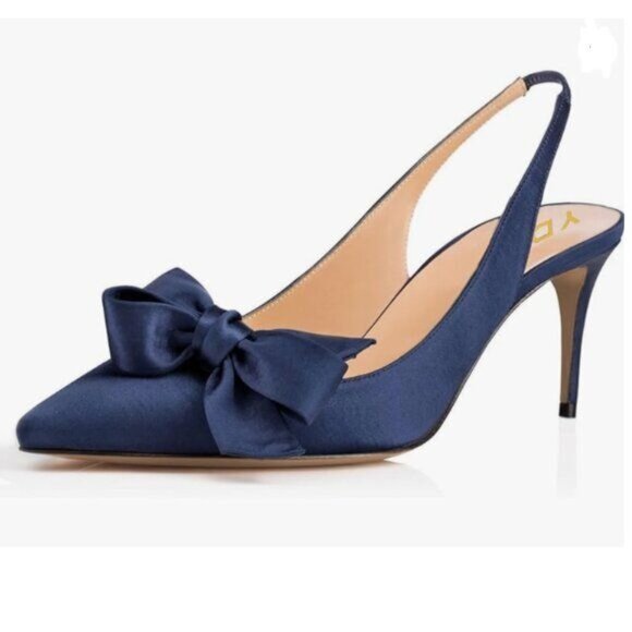 YDN Blue Pointed Toe Bow Slingback Slip on Pump Mid Heels Evening Satin Sandals - Picture 1 of 8